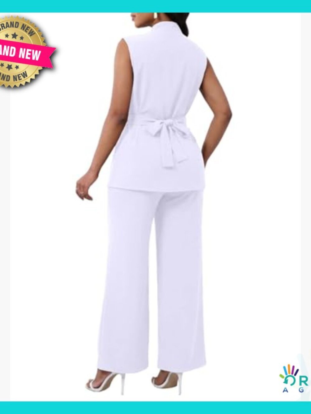 Women's Two Piece Pant Suit Set Sleeveless Belted Button Down Shirt Flare Leg - Picture 3 of 7